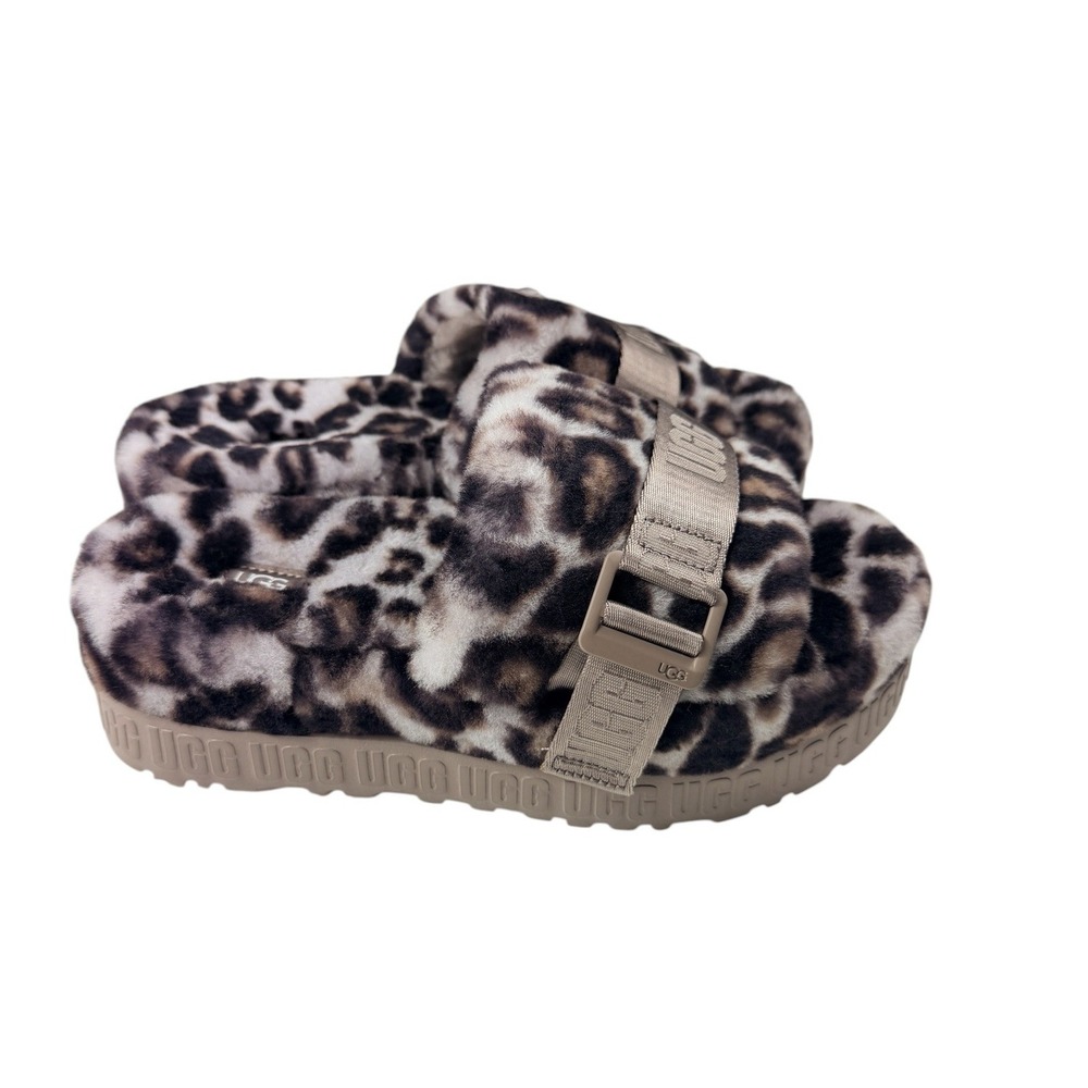 UGG Fluffita Panther Print Grey Leopard Platform Slides 1122556 Womens 9 NEW